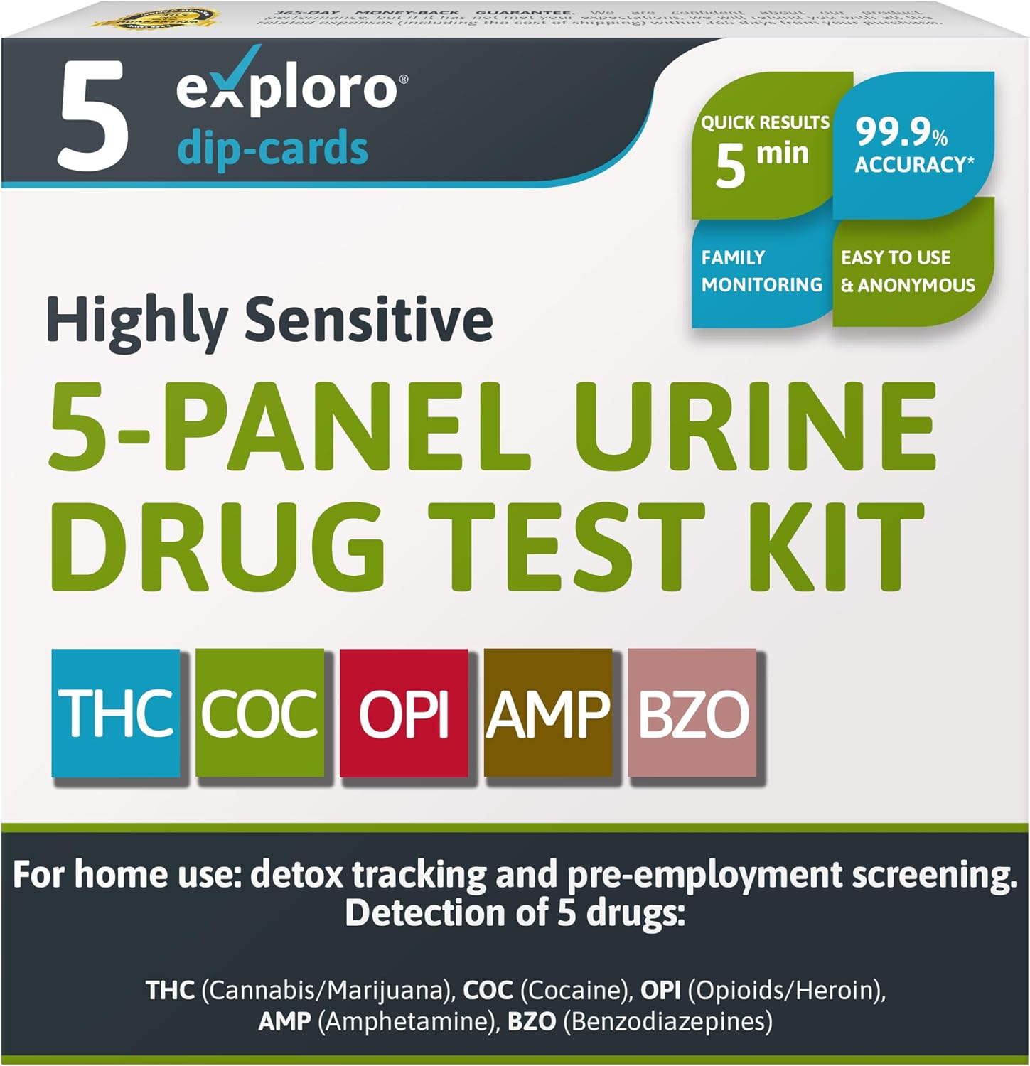 Exploro 5 Panel Drug Test Kit – at Home Urine Drug Test for THC, Cocaine, Opiates, Amphetamines & Benzodiazepines – Rapid & Accurate & Easy at Home Drug Testing Strips (Pack of 5)