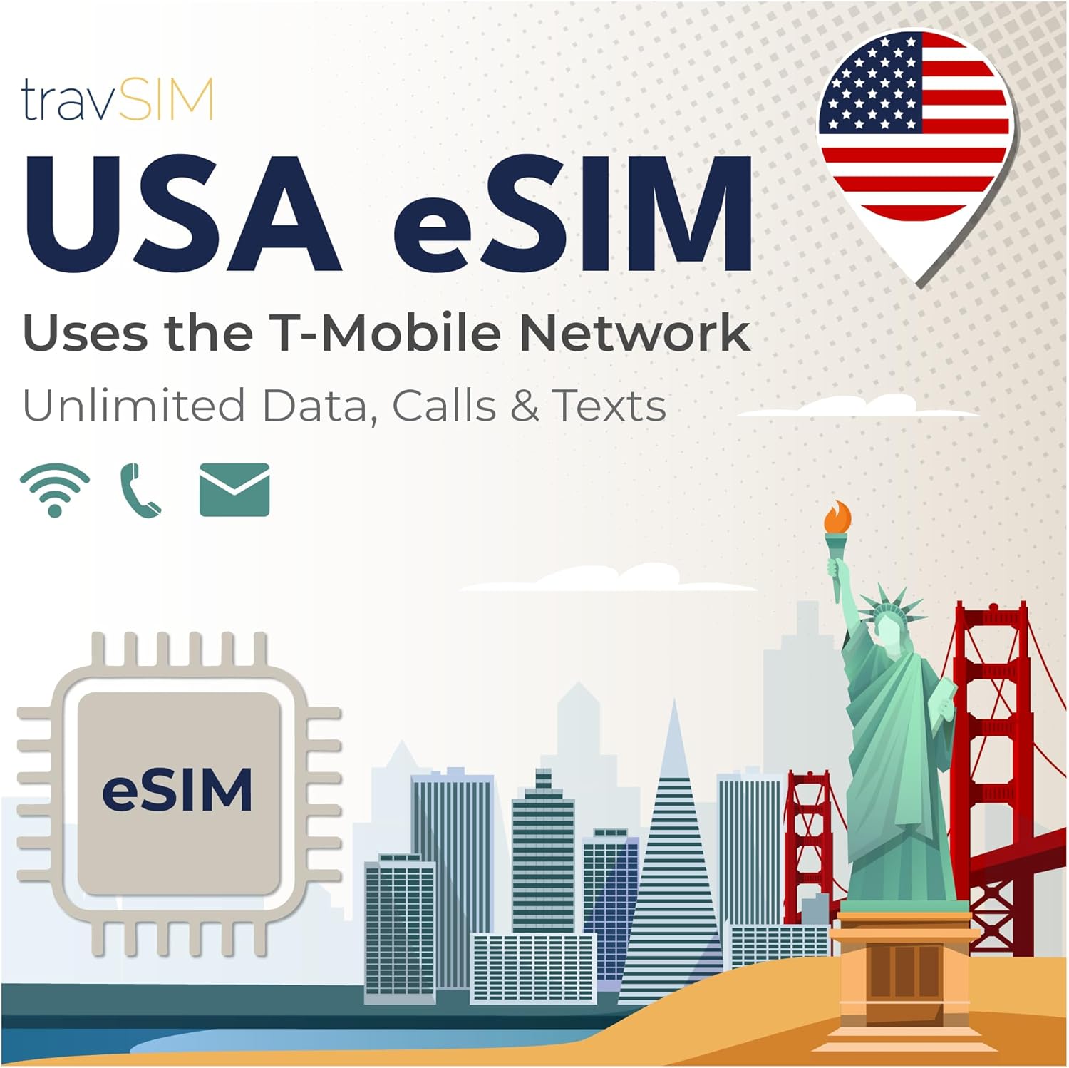 travSIM eSIM USA | Unlimited Data, Calls & Texts in The USA | USA e sim uses T-Mobile Network | e SIM Card USA Works on e-SIM Compatible iOS & Android Devices | eSIM USA Plan Valid for 21 Days