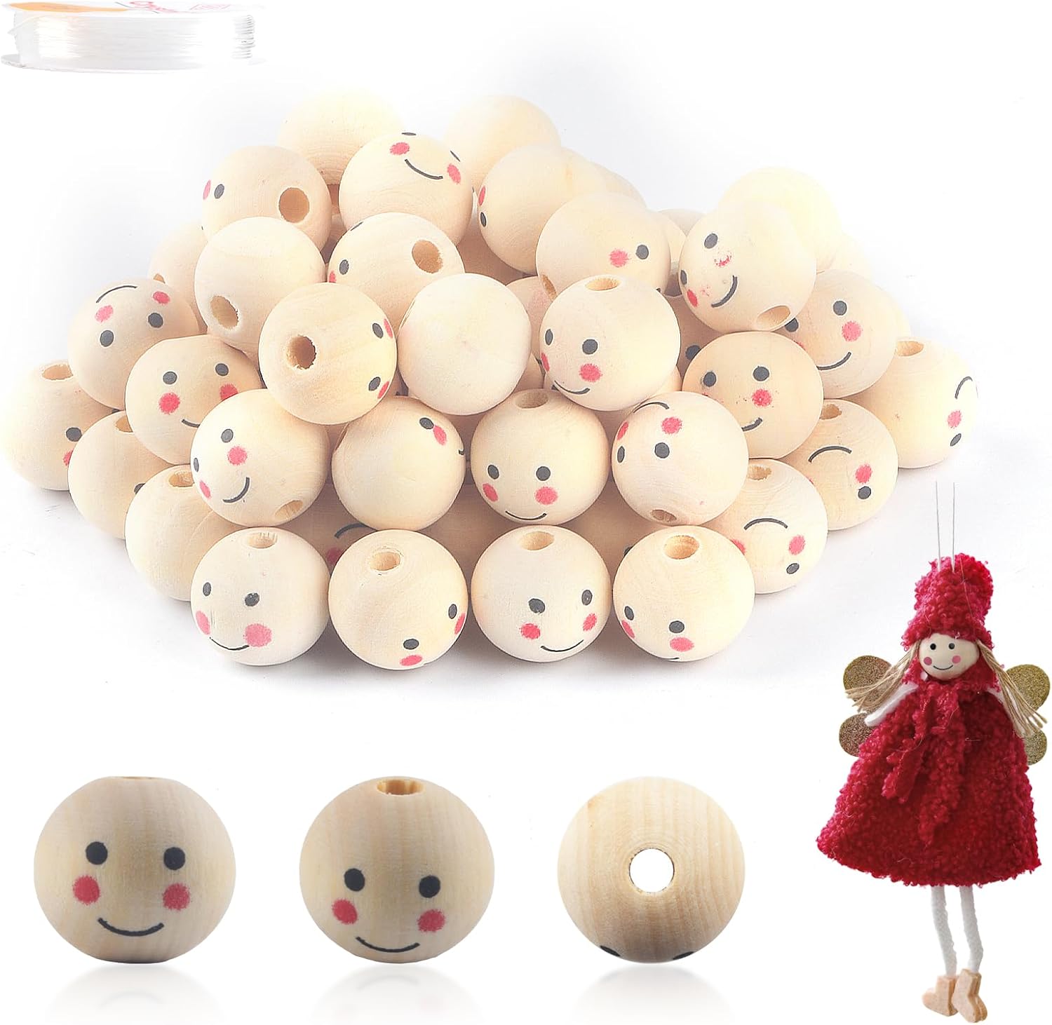 70PCS 20mm Natural Wooden Beads with Faces for Stringing, Natural Wood Beads, Wooden Spheres with Faces for DIY Macrame Decorations Crafting, with 1 Elastic Crystal Cord