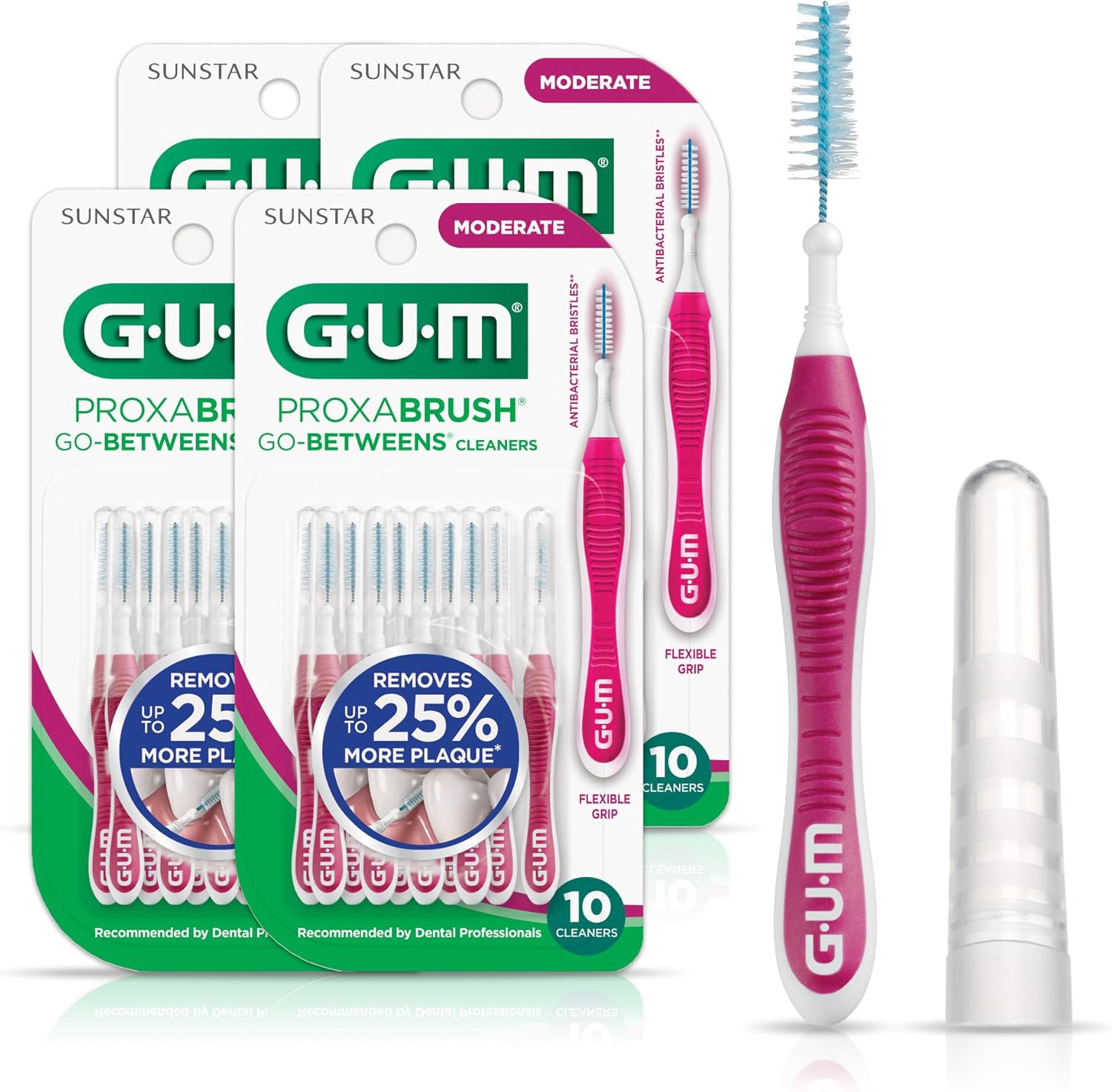 GUM Proxabrush Go-Betweens - Moderate - Interdental Brushes - Soft Bristled Dental Picks for Plaque Removal Health - Safe for Braces & Dental Devices, 10 Count (Pack of 4)