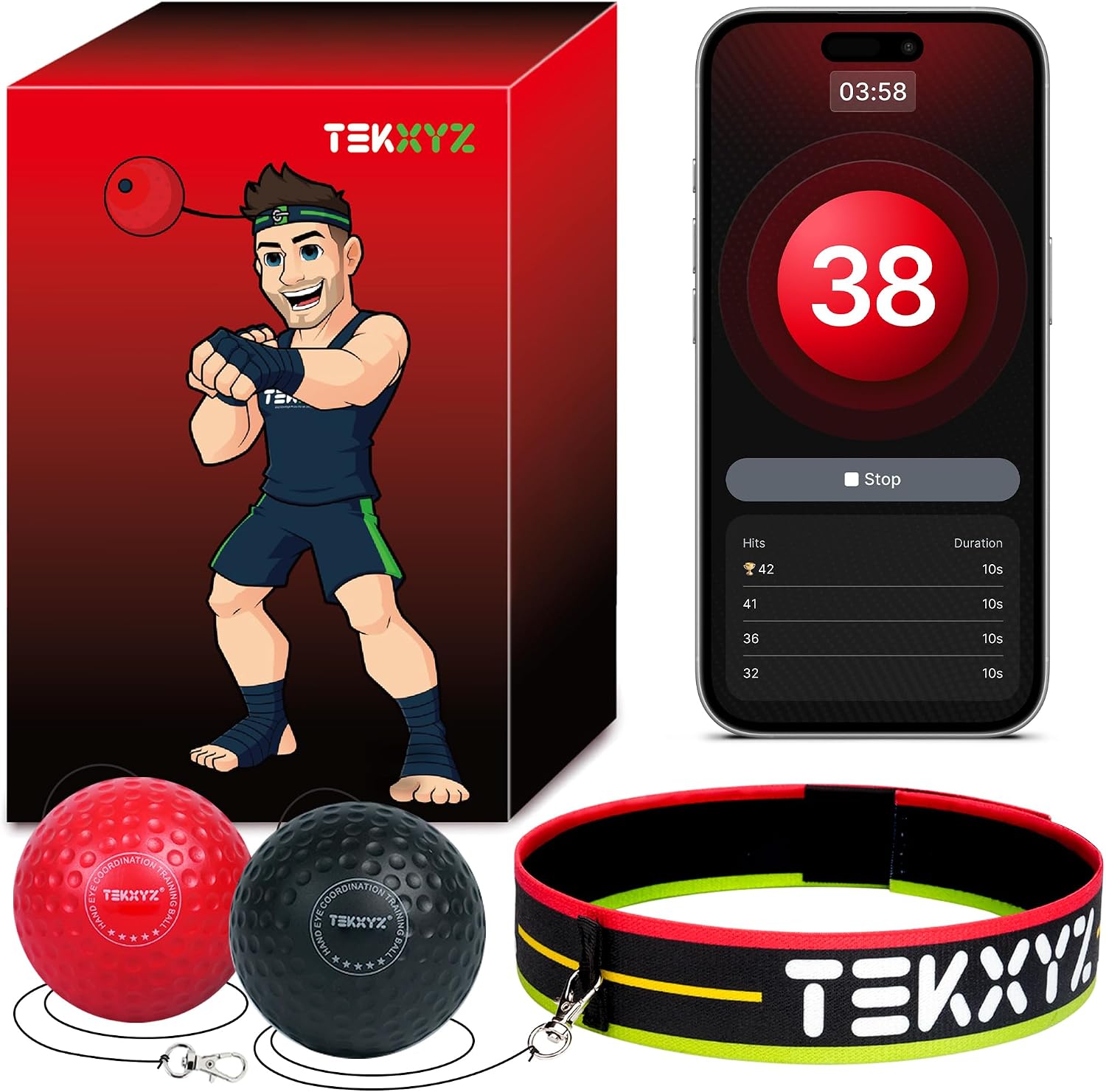 TEKXYZ Reflex Ball with Counter App & Online Community, 2 Difficulty Levels Boxing Ball with Headband, Perfect for Reaction, Agility, Punching Speed, Fight Skill & Hand Eye Coordination Training