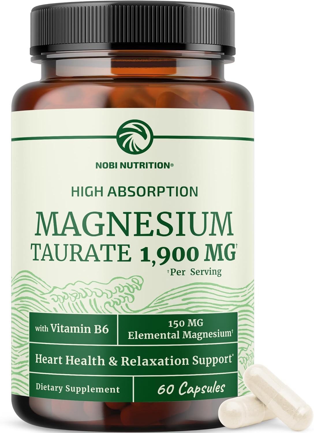Magnesium Taurate 1900MG | Heart Health and Relaxation Support | 150MG Elemental Magnesium Per Serving | High Absorption Mag Taurate with Vitamin B6 + Black Pepper | Non-GMO | 60 Ct (1 Month Supply)