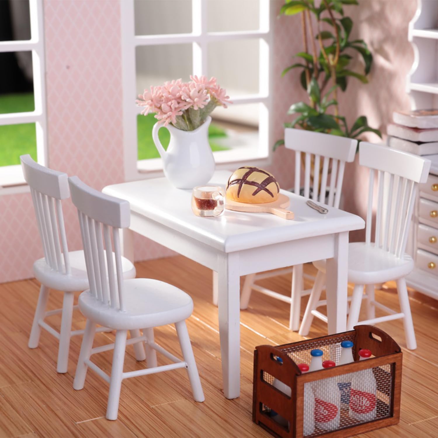 Minamzee 1/12 Dollhouse Table Chair Set, 17pcs Wooden Miniature Kitchen Furniture Set with Breakfast Accessories for Dining Room