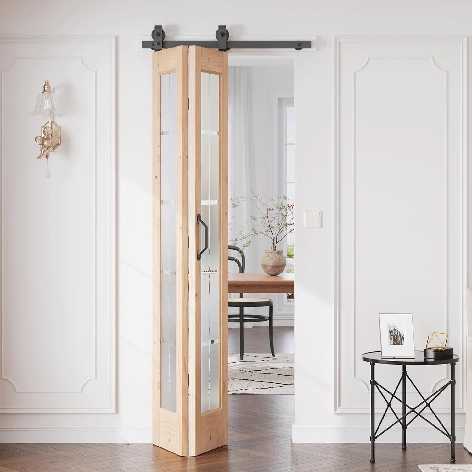 Preassembled Bifold Barn Door 30 x 84 in (Double 15x84in) with Bi-fold Door Hardware Kit, Frosted Glass Cross Transparent, Pre-Drilled Holes, French Glass Doors, Wood Slat, Fit 30in Opening