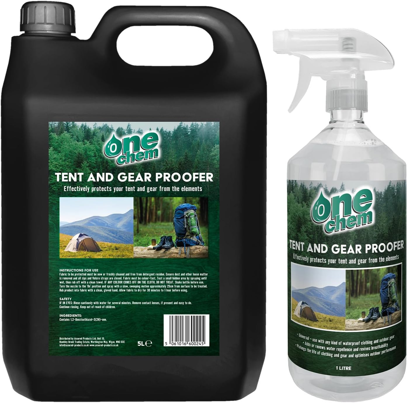 One Chem Tent and Gear Waterproof 1 Litre Spray with 5L Refill, Protects Tents and Gear From The Elements, Ideal for Camping and Hiking