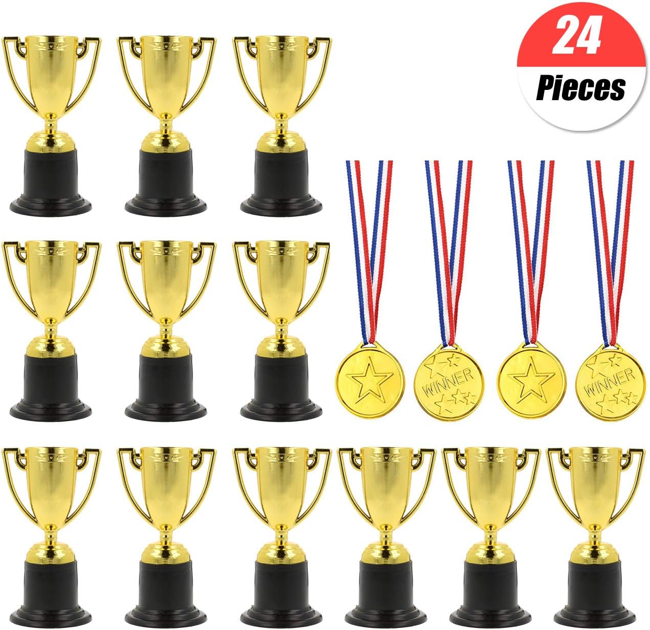 YuChiSX 24 Pcs Award Trophies Medals Set,12 Pcs Winner Award Trophies Mini Plastic Trophy Cups,12 Pcs Winner Medals for Party Bag Fillers