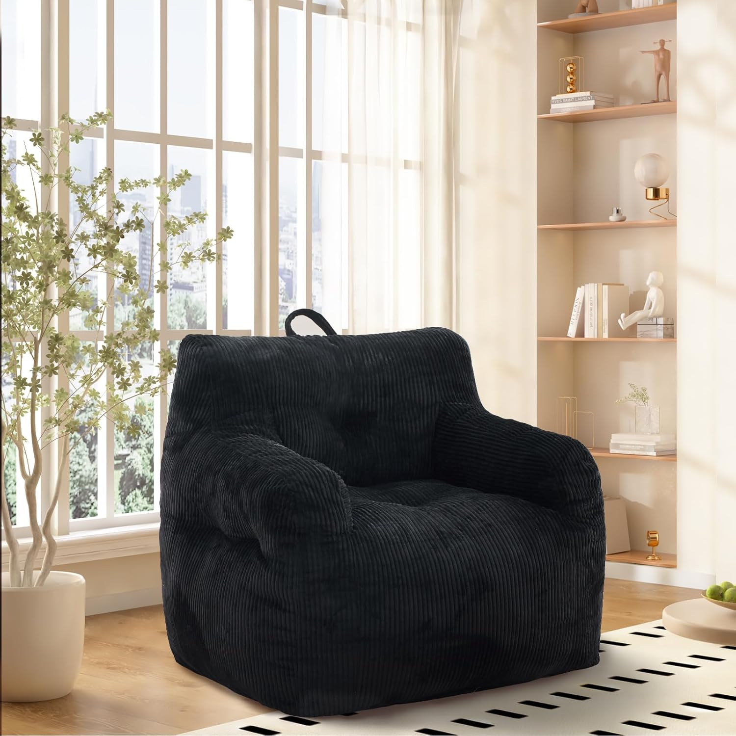 INMOZATA Bean Bag Chair, Corduroy Tufted Bean Bag Couch, Living Room Furniture Bean Bag Chair for Adults Kids, Comfy Lazy Sofa Accent Chair with Armrest for Reading, Stuffed with Filler(Black)