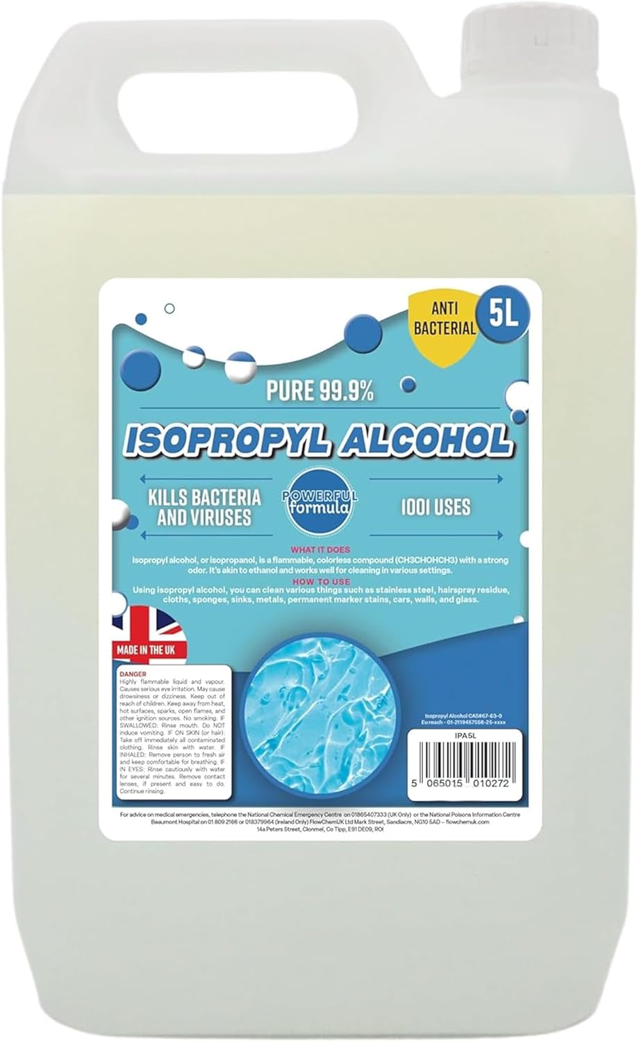 5 Litre Strong Isopropyl Alcohol IPA Disinfectant Household Cleaning Grease, Dirt, Oil, Dust Suitable for Electronics, Glass & Paint Various Uses (1 x 5 Litres)