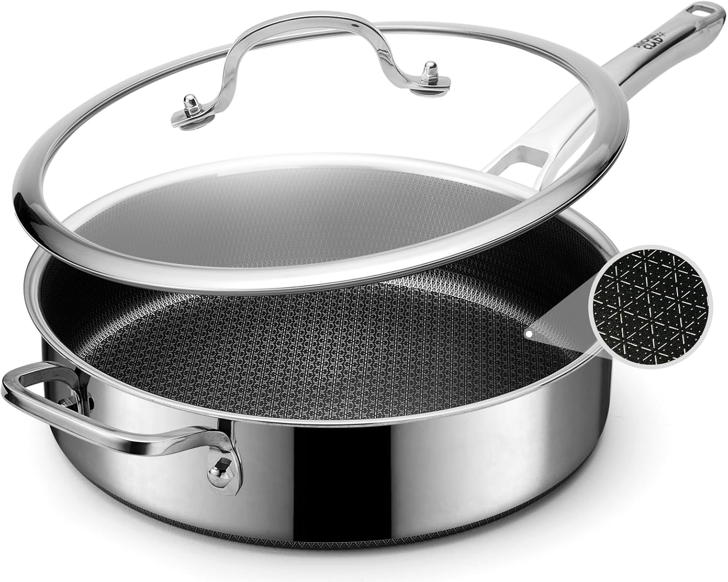 Frying Pans Nonstick with Lid,Hybrid Non Stick 5 Quart Saute pan,PFOA Free Cookware,Stainless Steel skillet,12 inch Deep Saute Pan,Dishwasher and Oven Safe,Works on Induction,Ceramic and Gas Cooktops