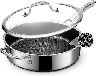 Frying Pans Nonstick with Lid,Hybrid Non Stick 5 Quart Saute pan,PFOA Free Cookware,Stainless Steel skillet,12 inch Deep Saute Pan,Dishwasher and Oven Safe,Works on Induction,Ceramic and Gas Cooktops