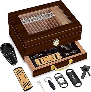 Spanish Cedar Cigar Humidor Box with Accessories and Humidifier - Glass Cover and Storage Drawer - Desktop Cigar Holder for Men - Portable Travel Case - Small Table Top Humidors for 20-50 Cigars