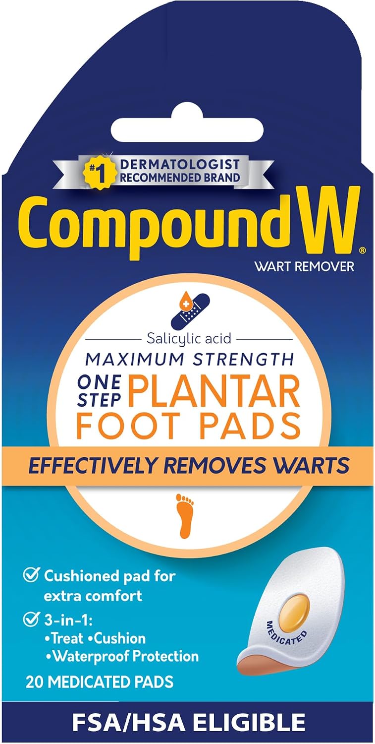 Compound W Maximum Strength One Step Plantar Wart Remover Foot Pads, 20 Ct