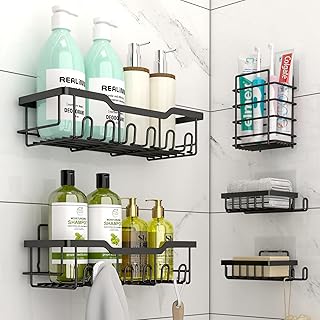 REALINN Shower Caddy, [5-Pack] Shower Shelves for Inside Shower, Adhesive Shower Organizer, No Drilling Rustproof Stainless Steel Bathroom Caddy, Large Capacity Shower Rack, Black