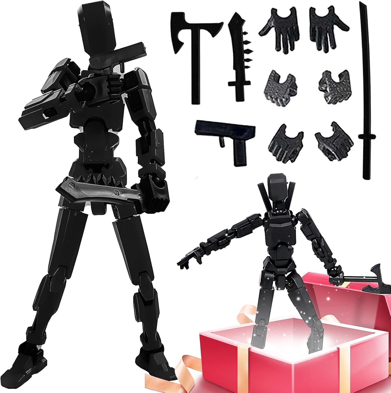 kykake Action Figure, Robot Action Figure, 3D Printed with Full Articulation for Stop Motion Animation, Multi-Jointed Movable, Multiple Accessories, Desk Decoration(Assembly Completed) (black)