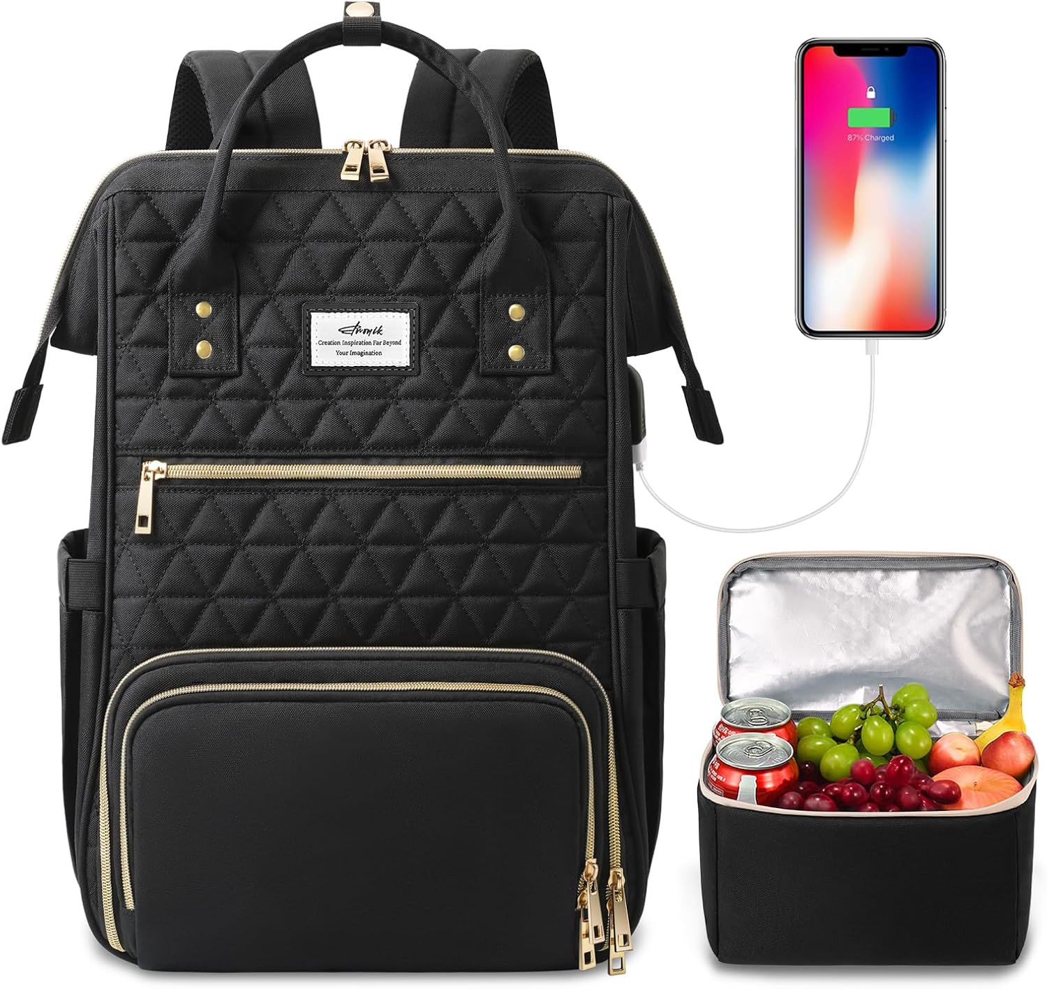ETRONIK Laptop Lunch Backpack for Women, 15.6 inch Laptop Backpack | Backpack with USB Port Teacher Nurse Work Bag with Cooler Bag Insulated, Rucksack for Women Business Work Picnic, Black