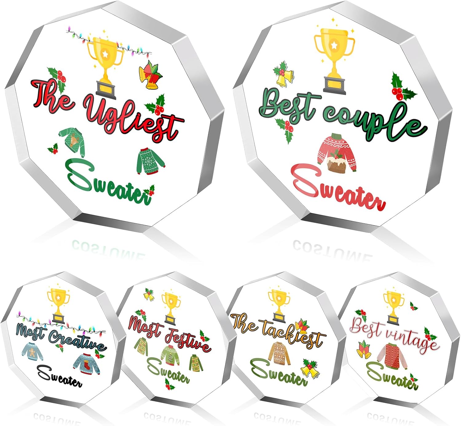 6 Pieces Ugly Christmas Sweater Acrylic Trophy Award Christmas Party Trophies Ugly Sweater Party Game Favors for Adults Christmas Costume Contest Awards Medals for Teens Adults Contest Party