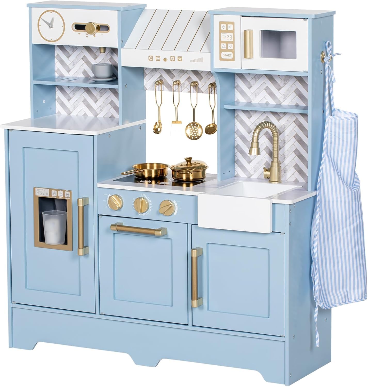 BRINJOY Play Kitchen, Children's Play Kitchens with Oven, Stove, Sink, Apron, Ice Maker, Cookware,Toy Kitchen Set for Toddler Girl Boy Age 3+，Kids Kitchen (Blue)