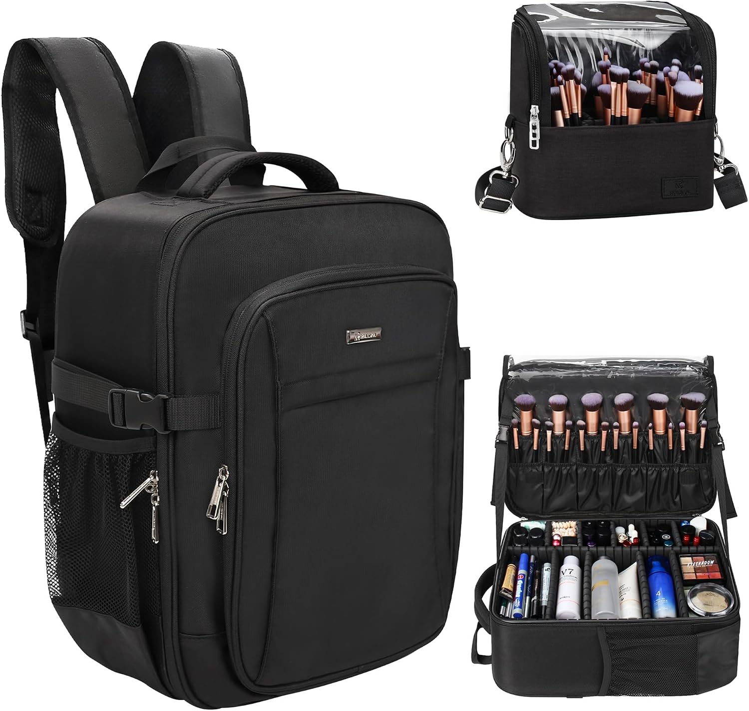 Relavel Professional Makeup Case Makeup Backpack and Makeup Brush Case for Makeup Artists, Cosmetic Storage Organizer Makeup Brush Holder, with Shoulder Strap and Adjustable Dividers Black