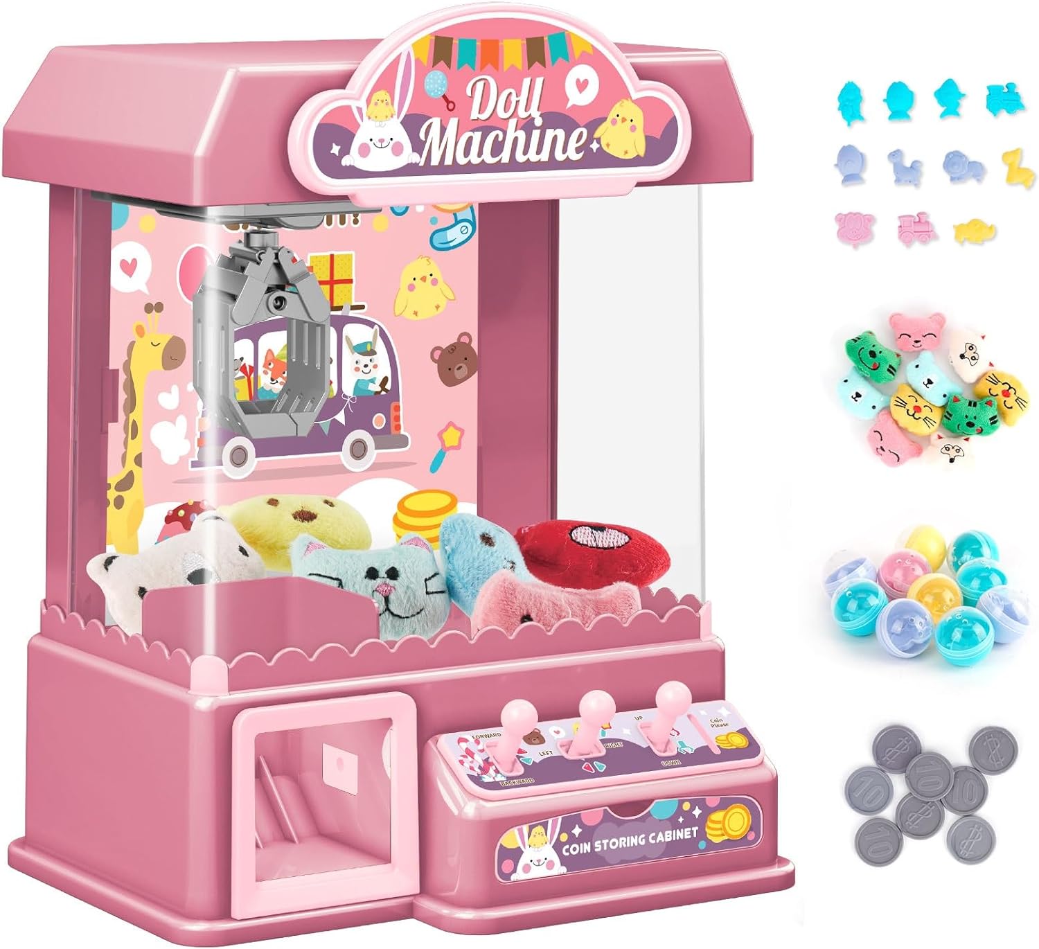 Arkyomi Mini Claw Machine, Arcade Game with Stuff, Electric Candy Grabber Machine With Light Music, Mini Vending Machine Toys With 10 Coins 10 Dolls 10 Capsule Gift for Kids