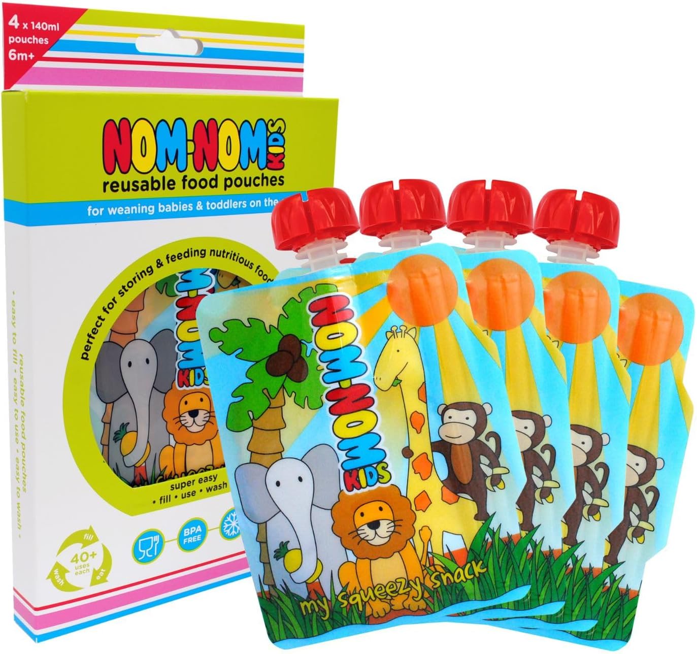 Nom Nom Kids | 4 x Reusable Food Pouches 140ml | Baby Food pouches for Baby weaning | reusable yoghurt pouches | BPA FREE | Side fill | UK designed