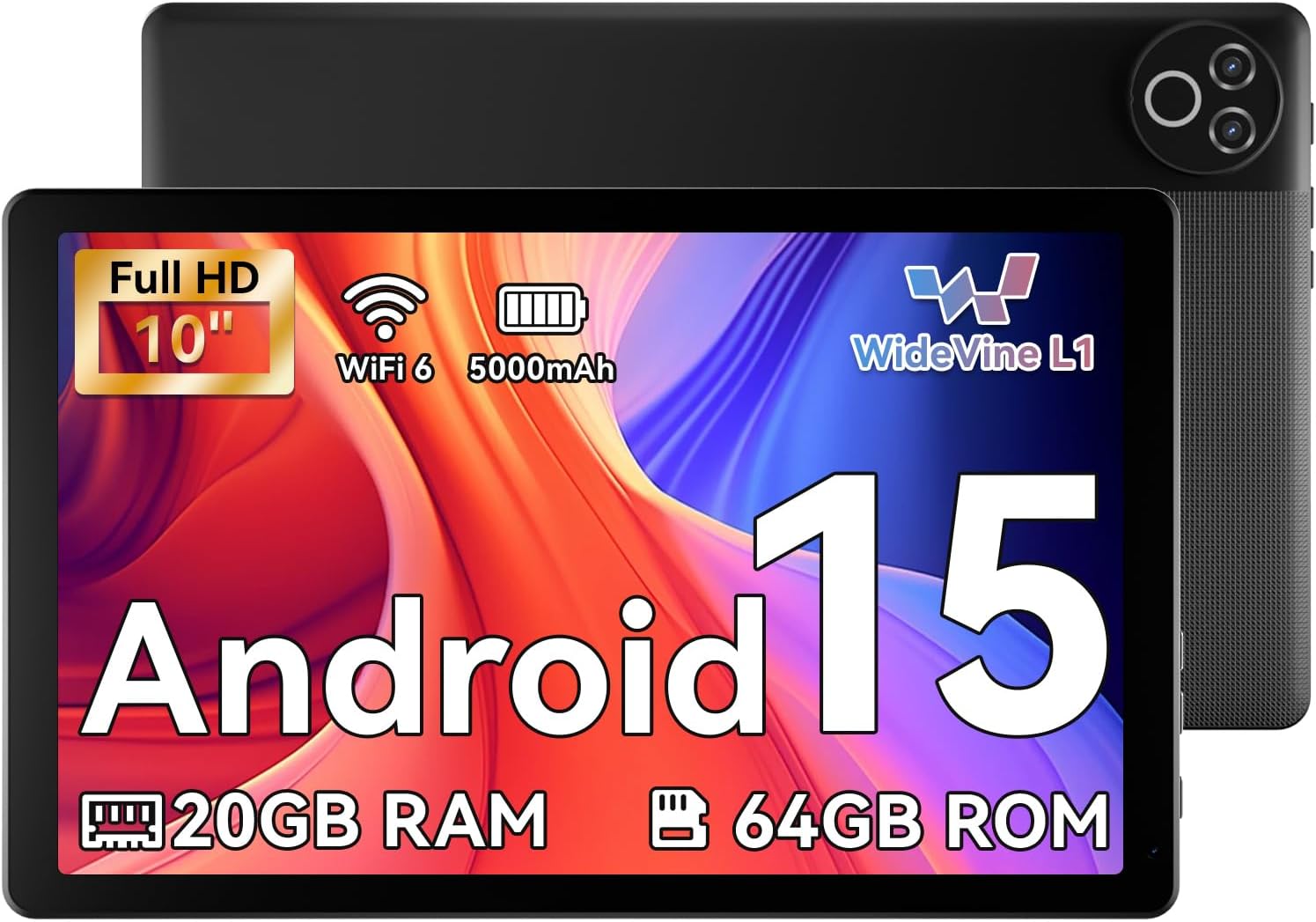 MUISOO Android 15 Tablet, 2025 Newest 10 Inch Tablet, 20GB RAM+64GB ROM (TF 1TB), 5000mAh, 1280 * 800 HD, WiFi 6, Bluetooth 5.4, Dual Cameras, Dual Speakers, Black