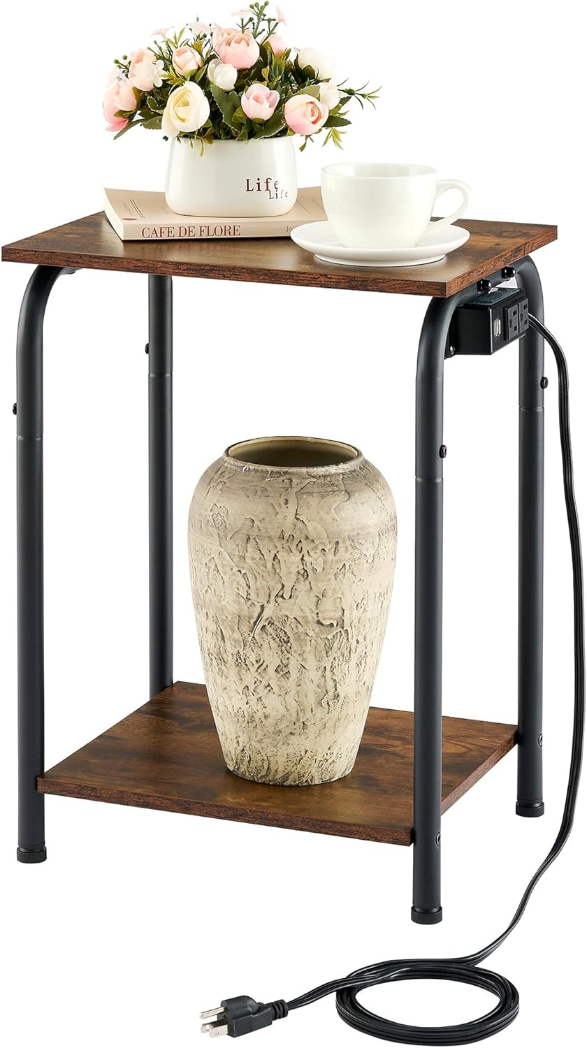 Tajsoon 2 Tier Small End Table with Charging Station, Small Side Table with Power Outlets & USB Ports, Sofa Table, Bedside Table, Small Table for Small Spaces， Living Room, Bedroom, Rustic Brown