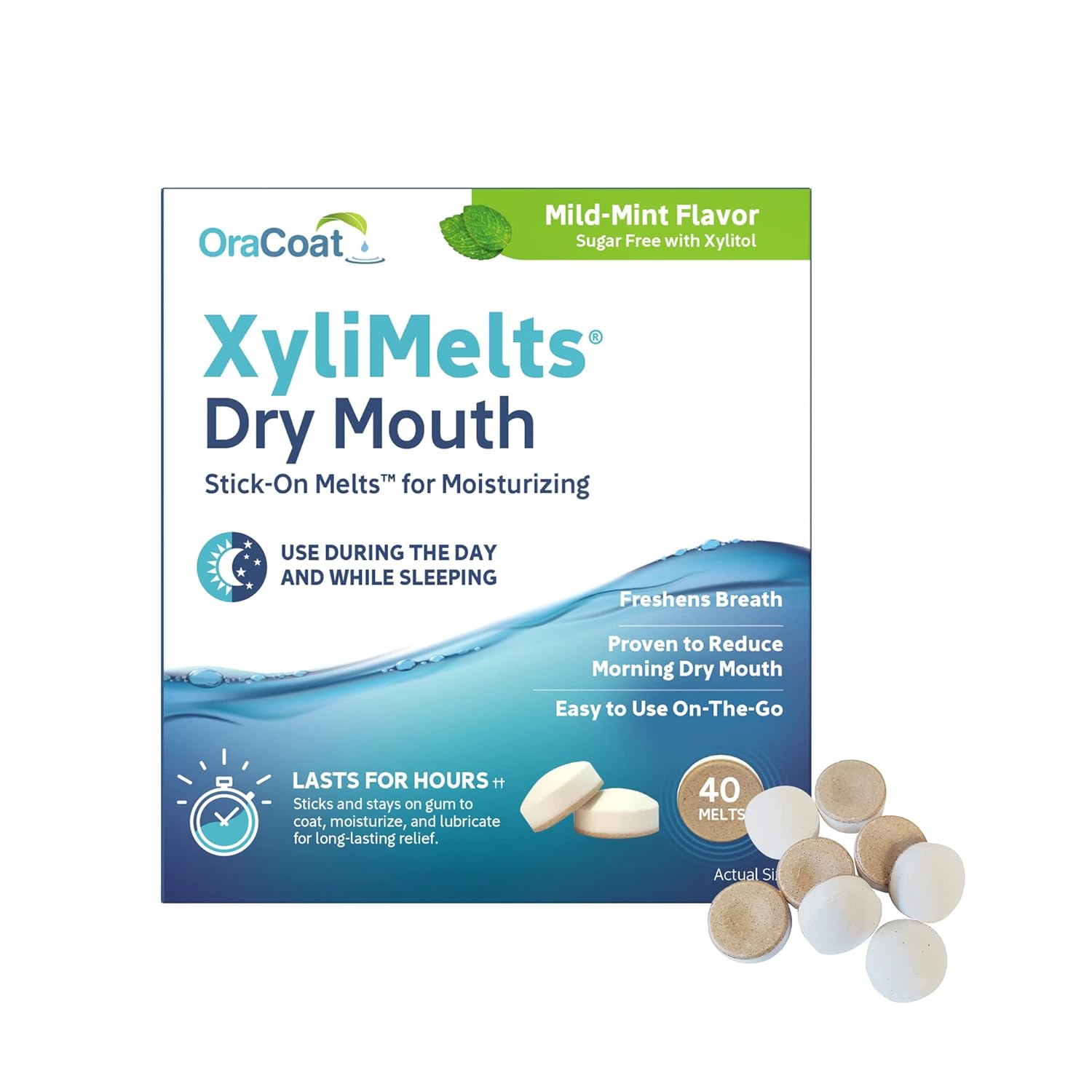 OraCoat XyliMelts Dry Mouth Relief Moisturizing Oral Adhering Discs 40 Count, Mild Mint with Xylitol, for Dry Mouth, Stimulates Saliva, Non-Acidic