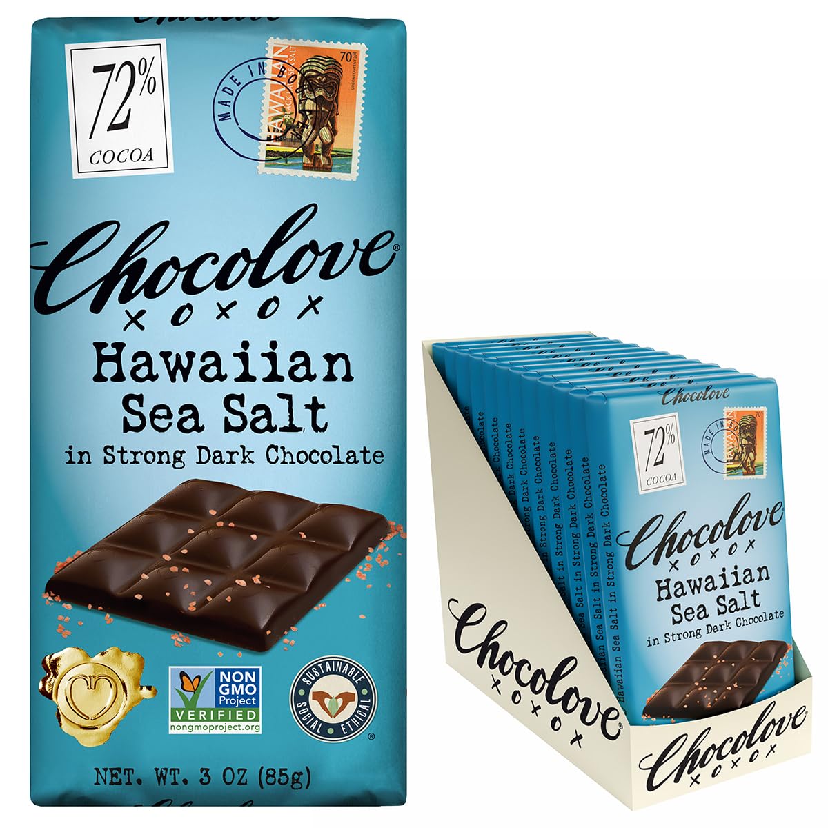 Chocolove Hawaiian Sea Salt Dark Chocolate Bars | 72% Cocoa | Rich and Intense Flavor | Made with Premium Chocolate | Non-GMO & Gluten-Free, 3.2 oz Bar (12 Pack)