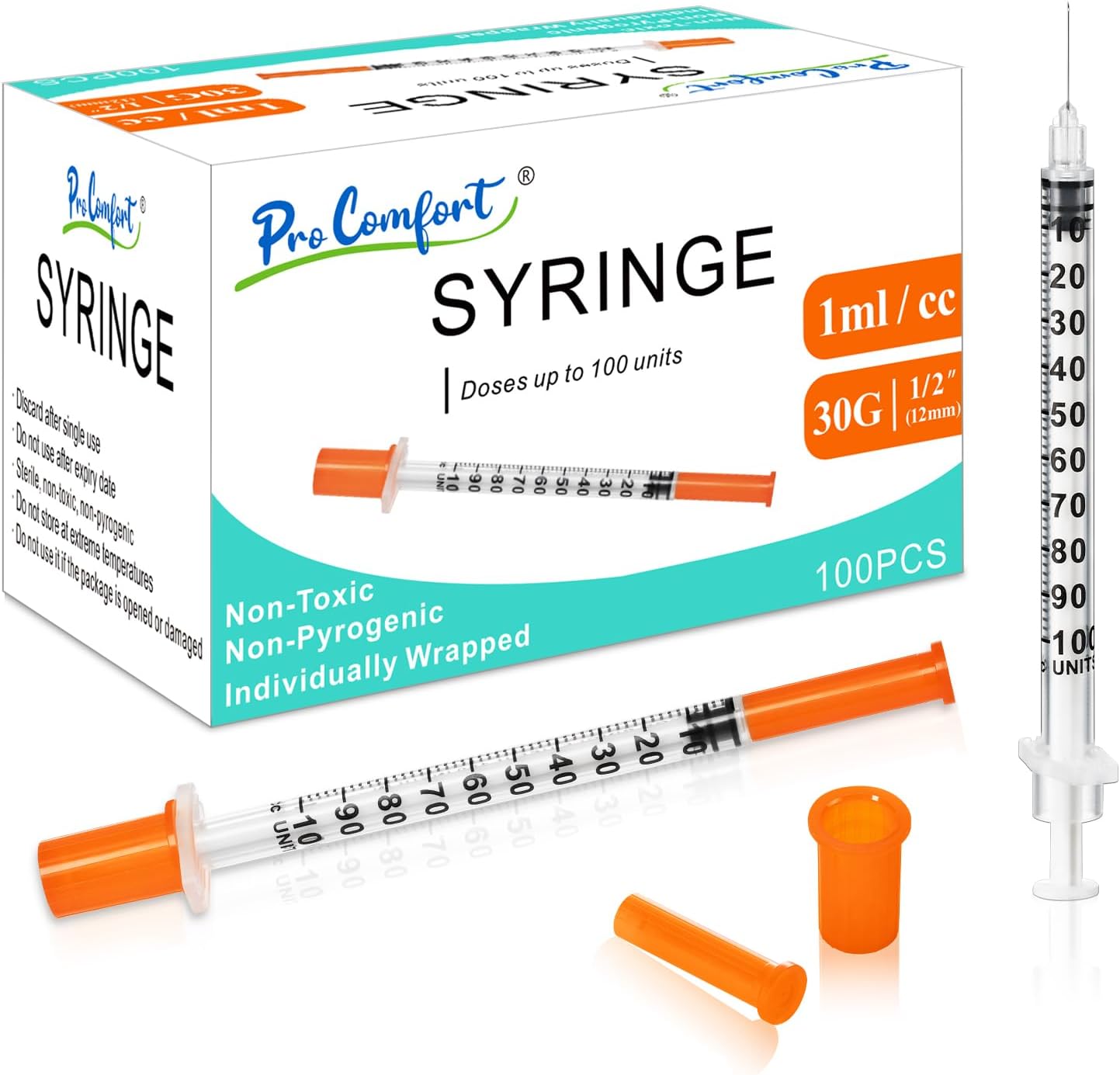 1ml/cc Disposable Syringes 30G 1/2" (12mm) Individually Wrapped 100 Pack Lab Supplies Dispensing Scientific Supplies(100PACK 1CC 30G 1/2")