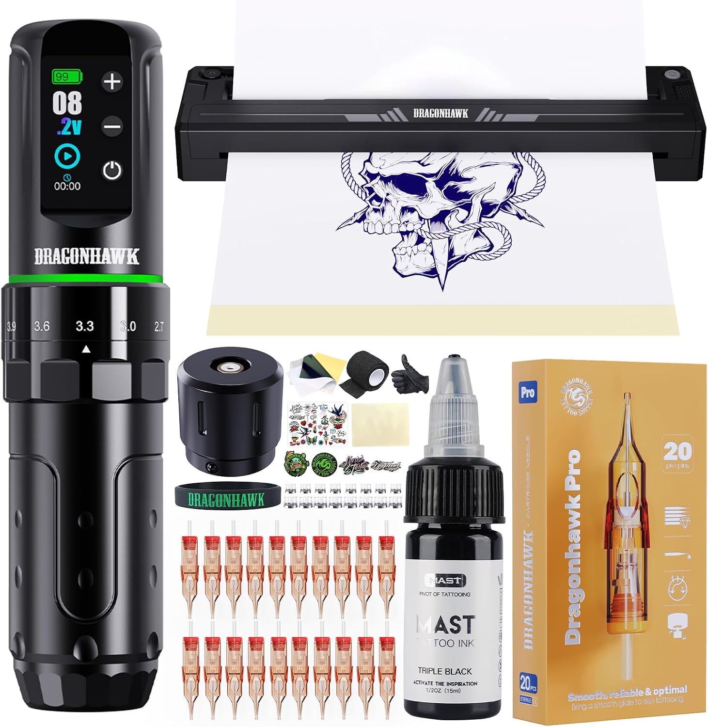 Dragonhawk L3 Tattoo Machine Pen Kit, Coreless Tattoo Gun with 2.4-4.2mm Stroke Length and 2000mAh Battery, Stencil Printer, 20Pcs Cartridge Needles for Beginners and Professional Artists