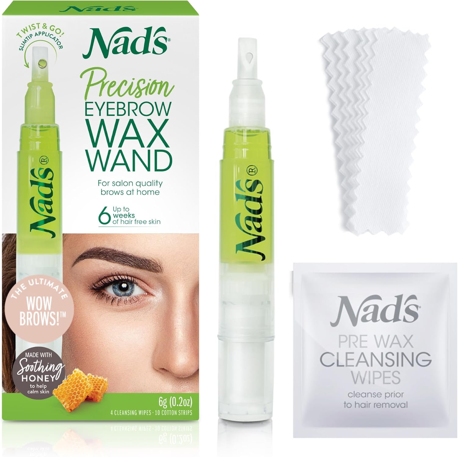 Nad's Facial Wax Wand Eyebrow Shaper, Eyebrow Kit, Face Wax, Hypoallergenic, No-heat Formula, Includes Pen 6g, 10 Reusable Cotton Strips, 4 Pre-wax Wipes