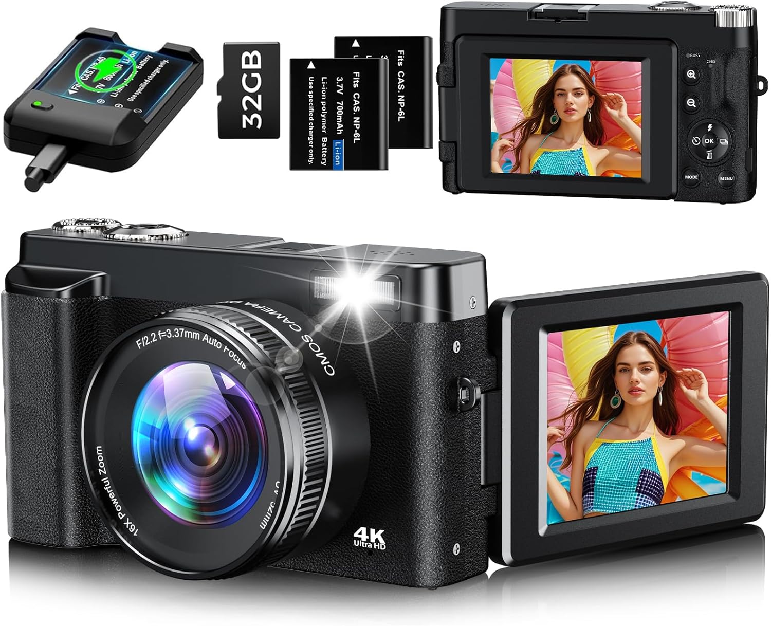 Digital Camera, 4K 48MP Autofocus Compact Digital Camera with 32G Memory Card 16X Digital Zoom, Vlogging Camera with 3.0 inch 180° Flip Screen and Charging Station for Teenagers, Beginners（Black）