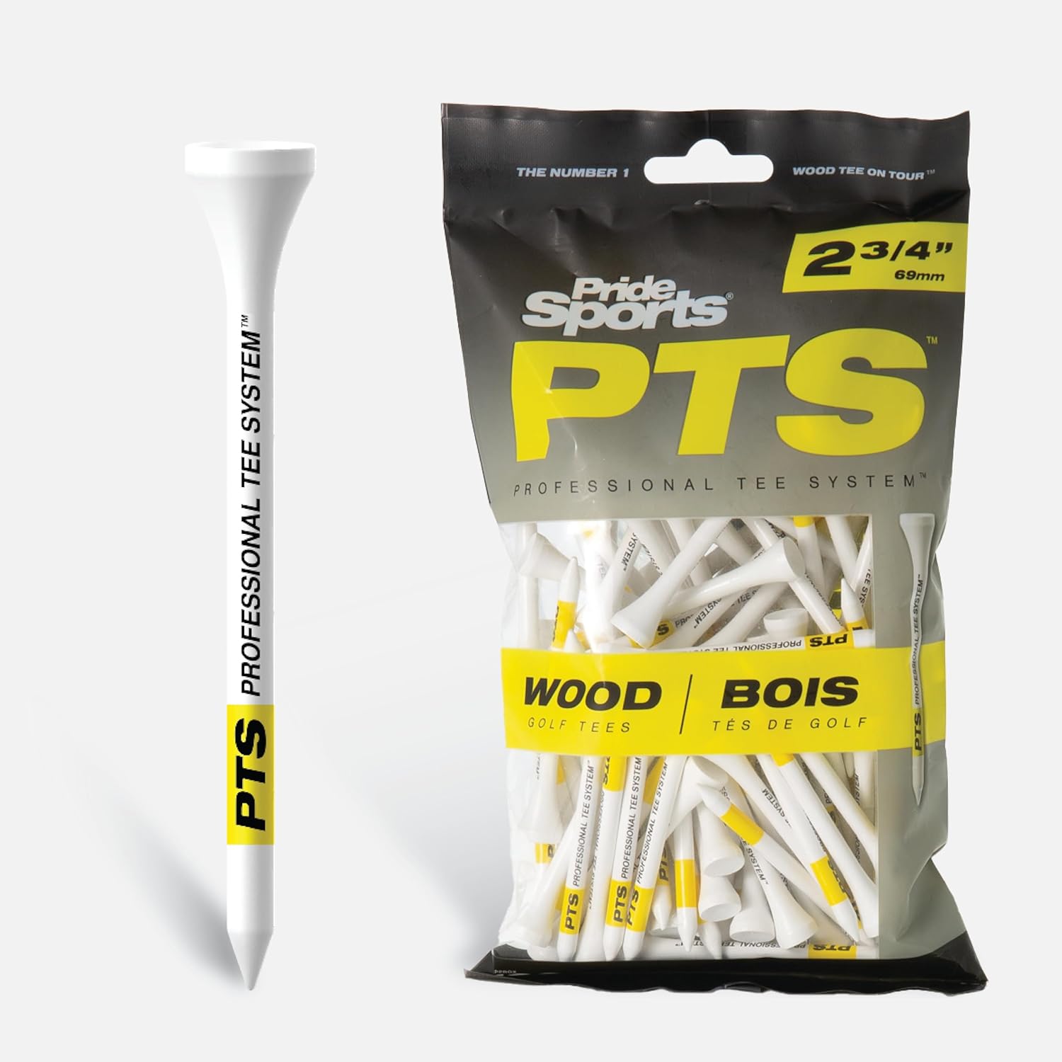 Pride PTS Wood Golf Tees - 100 Count, 2-3/4 Inch - White - #1 Brand on Tour - Striped for Consistency