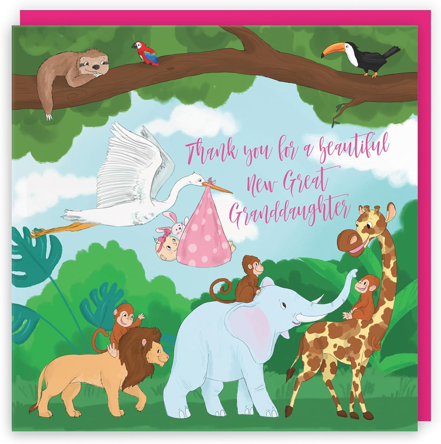 Hunts England - New Baby Great Granddaughter Cute Thank You Card - Thank You For A Beautiful New Great Granddaughter - Newborn - From Grandparents - Pink - Stork Holding New Baby - Jungle Collection