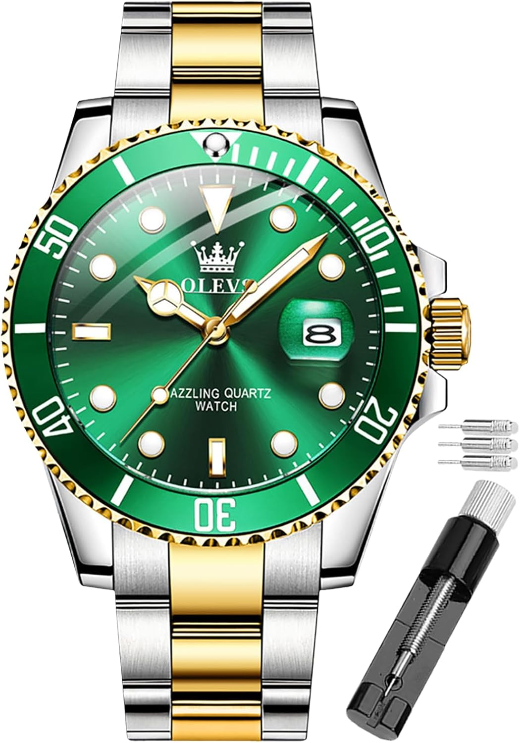 OLEVS Watch for Men Diamond Business Dress Analog Quartz Stainless Steel Waterproof Luminous Date Two Tone Luxury Casual Wrist Watch
