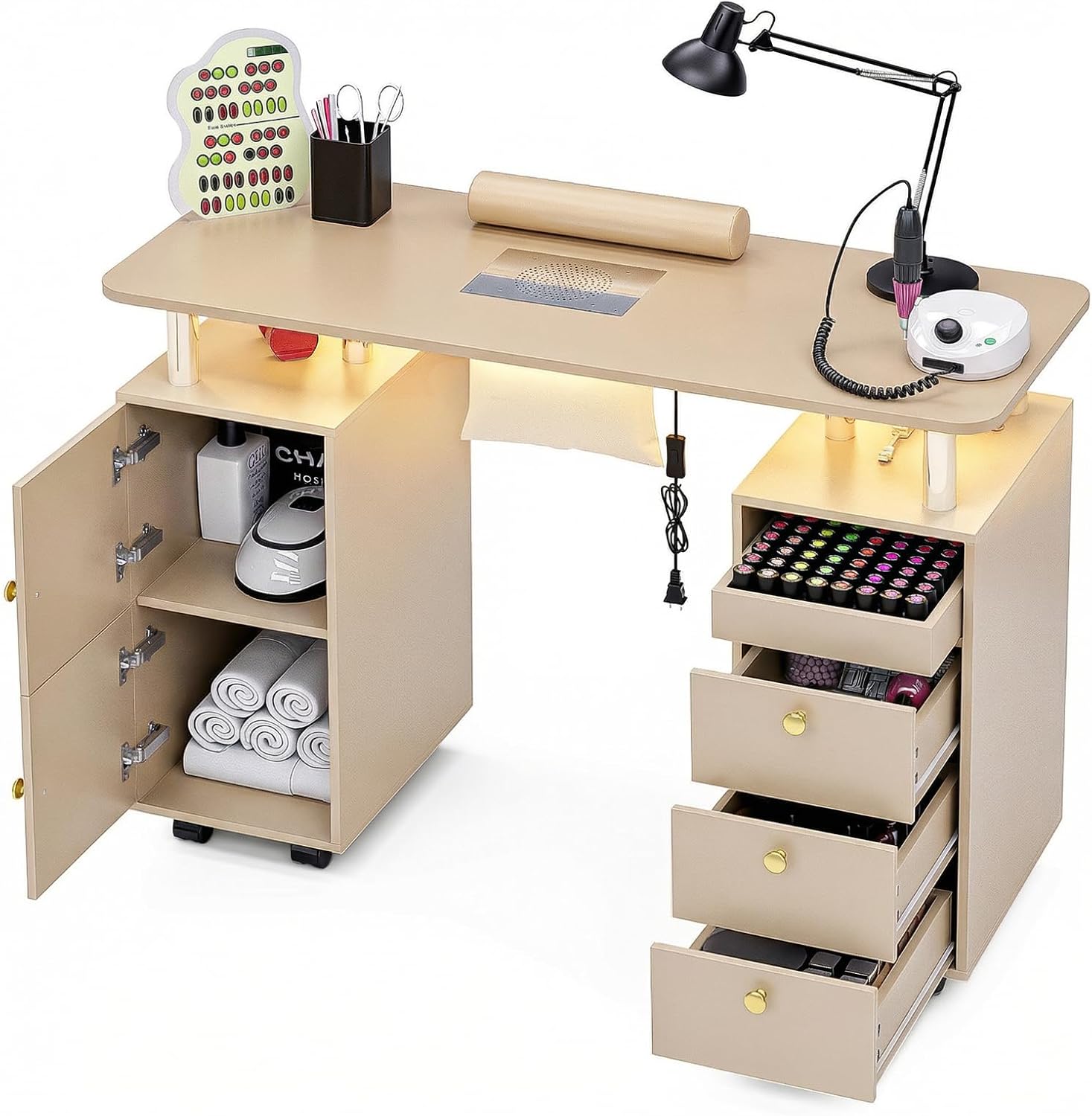 Nail Desk for Nail Tech w/Electric Dust Collector, Rolling Manicure Table w/ Lockable Wheels, Storage Drawers, Wrist Cushion, Acetone Resistant, for Beauty Salon Workstation (Champagne+Gold Handle)