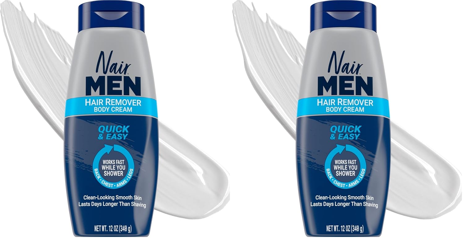 Nair Men Hair Remover Body Cream, Quick and Easy Body Hair Removal Cream for Men, Aloe and Lanolin, Dermatologist Tested, 12 Oz, (Pack of 2)