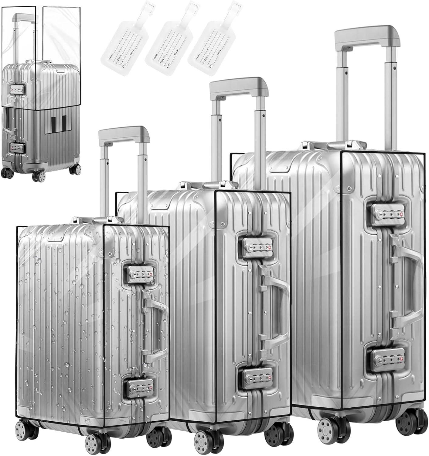 MAOMUN 3 PCS Clear Suitcase Cover with 3 Luggage Tags, Waterproof PVC Suitcase Covers Protectors Luggage Covers for Suitcases 20/24/28inch, Dustproof Luggage Cover for Travel Business Daily Using