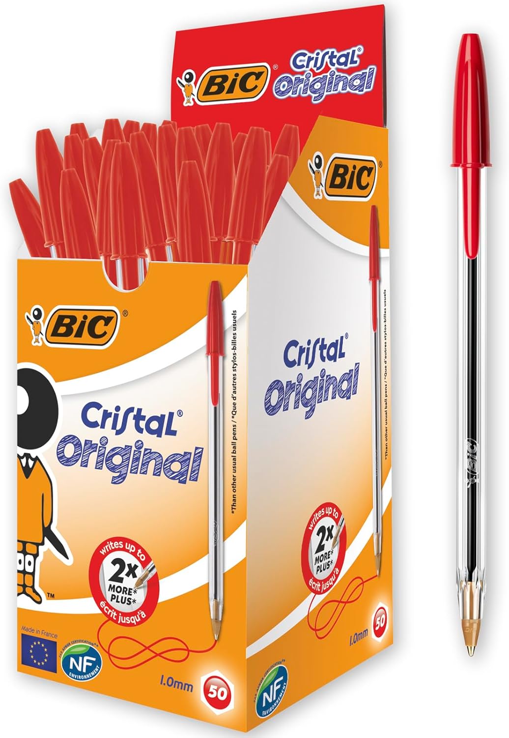 Bic Cristal Original Ballpoint Pens, Medium Point (1.0 mm), Red, Box of 50 - Smudge-Free, Every-Day Writing Pens with Clear Barrel, 8373619