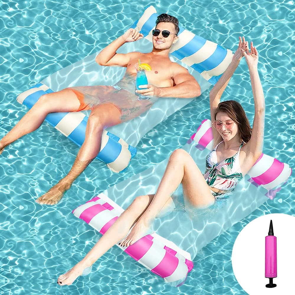 Ousinby Pool Float Hammock 2 pack ,inflatable hammock Inflatable Pool Bed Swimming Pool Hammock Floating Chair Bed Raft Recliner Float Lounger Float Hammock with Infloator Pump for Adults Kids