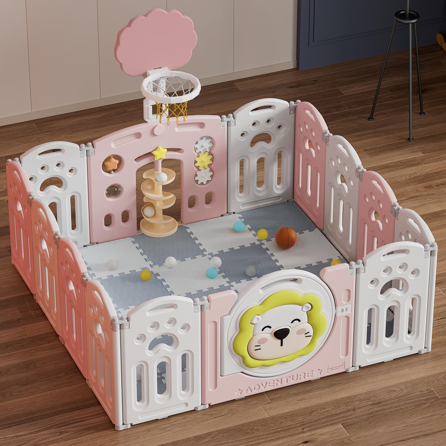 Adventure Lion Baby Playpen for Baby and Toddlers Foldable - Kids Play Pen Babies and Toddlers - Includes Play Mats, Activity Panel, Basketball Hoop & Balls (White/Pink)