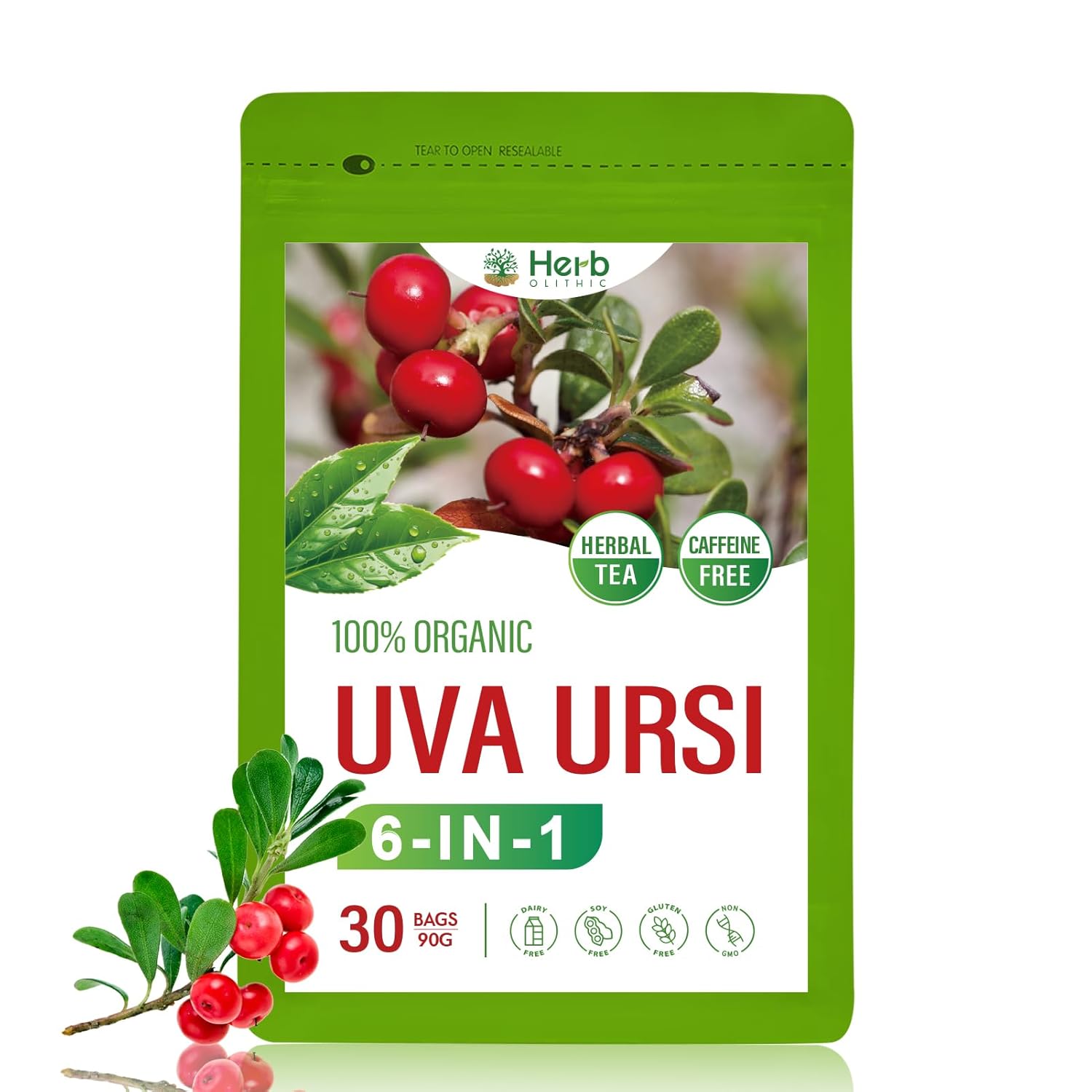 HerbOLITHIC Uva Ursi Bearberry Natural Diuretic Tea, Urinary Health & Kidney Cleanse Detox 6-in-1 Herbal Tea Support UTI & Water Away W/Dandelion Root Horsetail Extract, Caffeine Free - 30 Bags