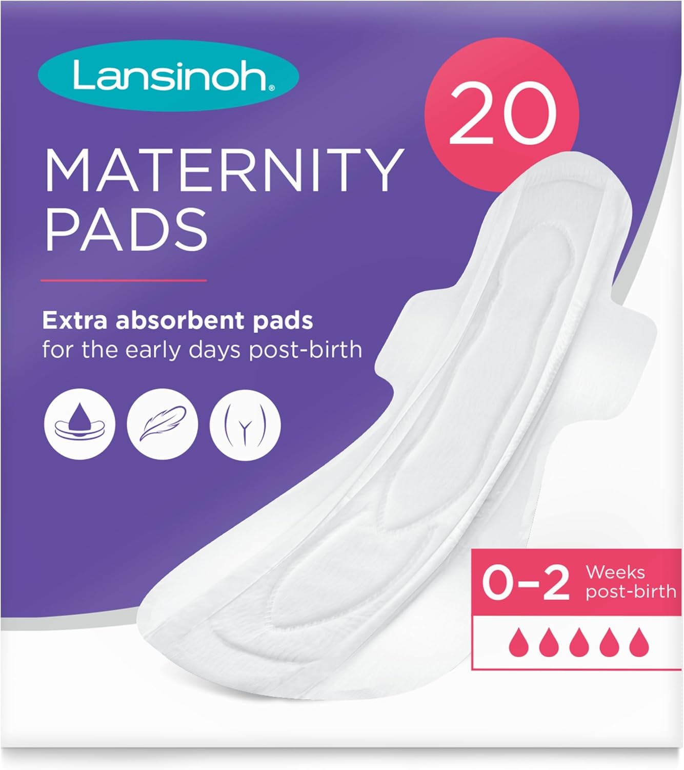 Lansinoh Maternity Pads After Birth Extra Absorbent with Wings - Pack of 20 - Leak Protection Ultra Long Slim Fit Postpartum Essential Postnatal Wider Soft Breathable Unscented Sanitary Period Towels