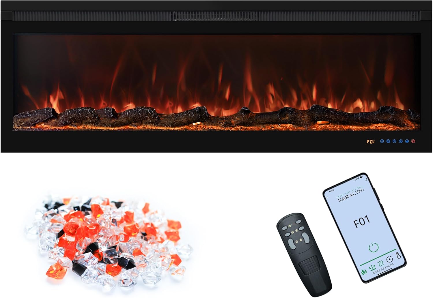 127cm Electric Fireplace Wall Mounted/Recessed Fire Places with surround 50inch Realistic Heating, 13 * 13 Flame Effect with Log& Crystals, Remote control Temperature& Timer, Black