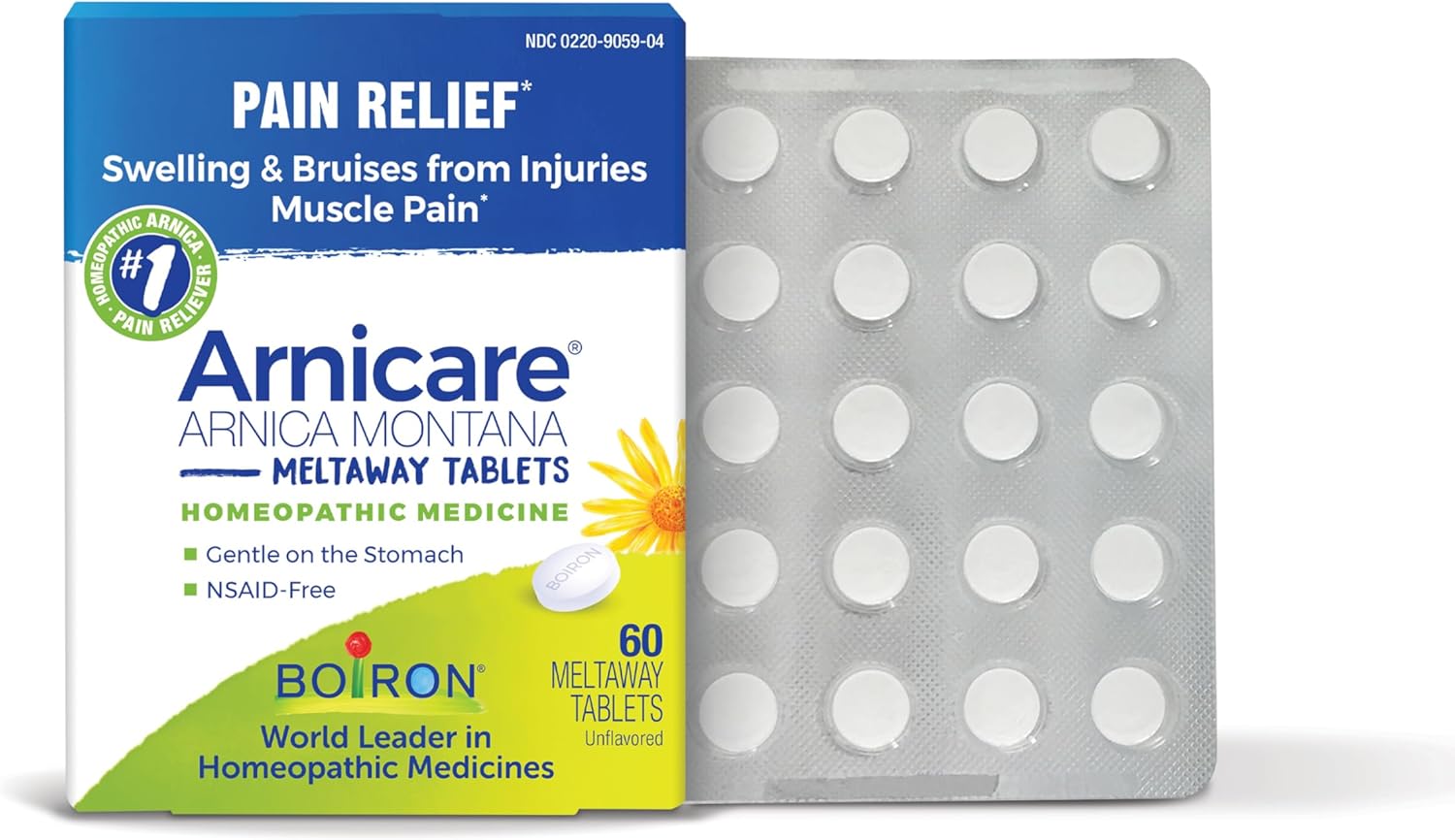 Boiron Arnicare Tablets for Pain Relief from Muscle Pain, Joint Soreness, Swelling from Injury or Bruises - 60 Count