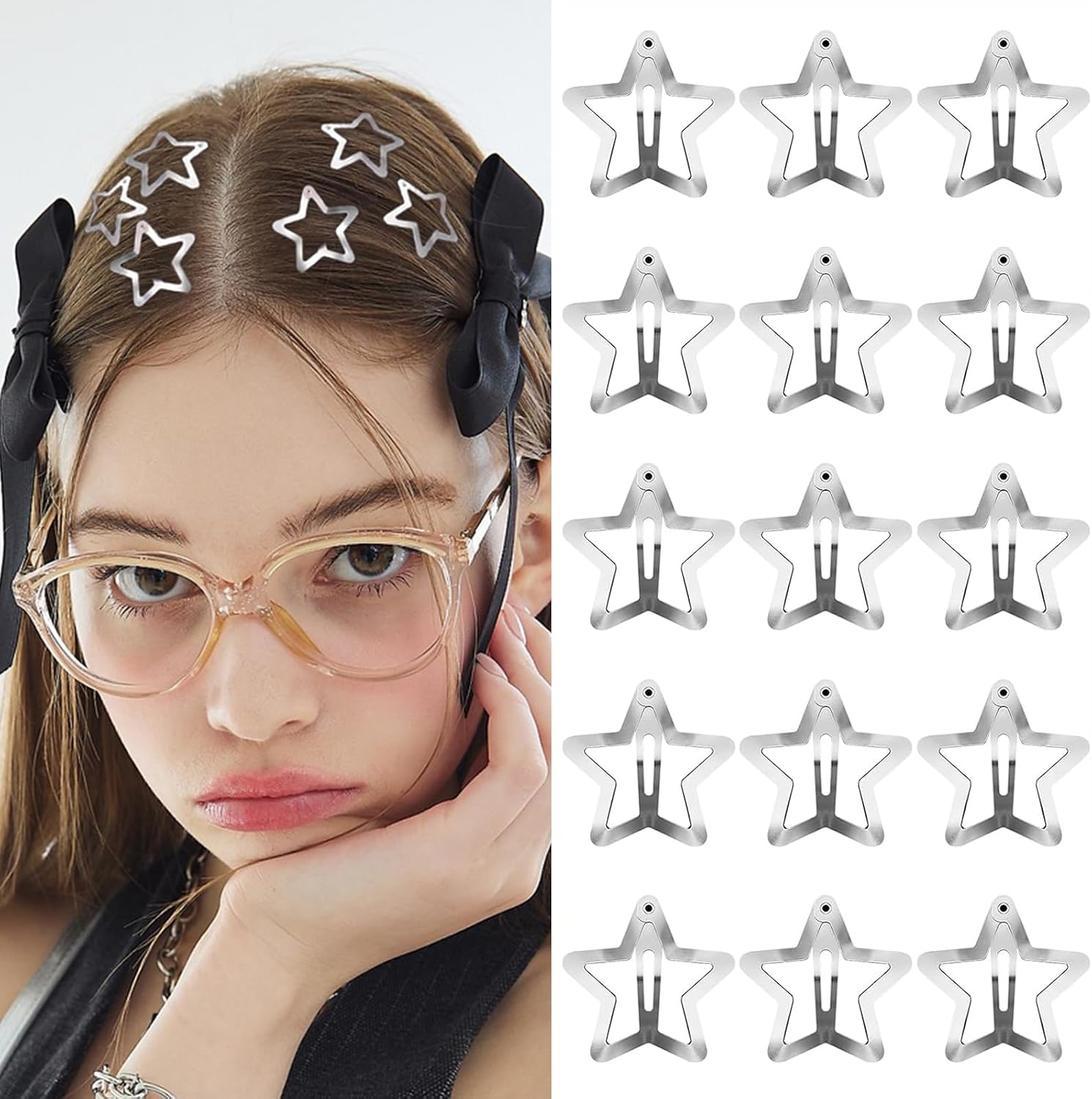 15Pcs Star Hair Clips Snap Hair Barrettes for Women, 2000s Y2K Non Slip Star Hair Accessories Silver Metal Cute Hair Clips