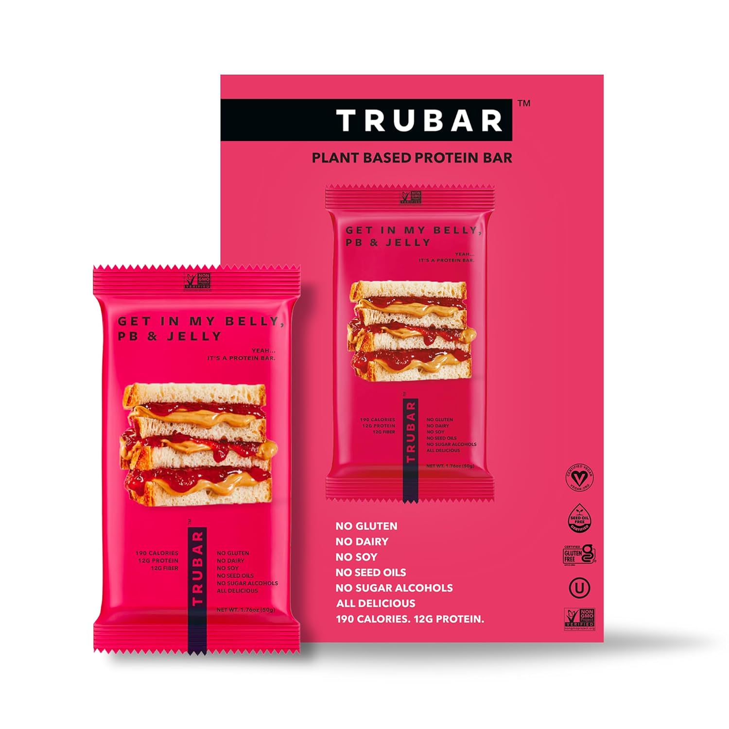 TRUBAR Vegan Protein Bar, Get In My Belly Pb & Jelly, Gluten Free, Plant Based, High Fiber, Dairy Free, Low Fat, Non GMO, No Sugar Alcohols, 12G Lean Protein, 13G Fiber, Healthy Snack Bars, 12 CT