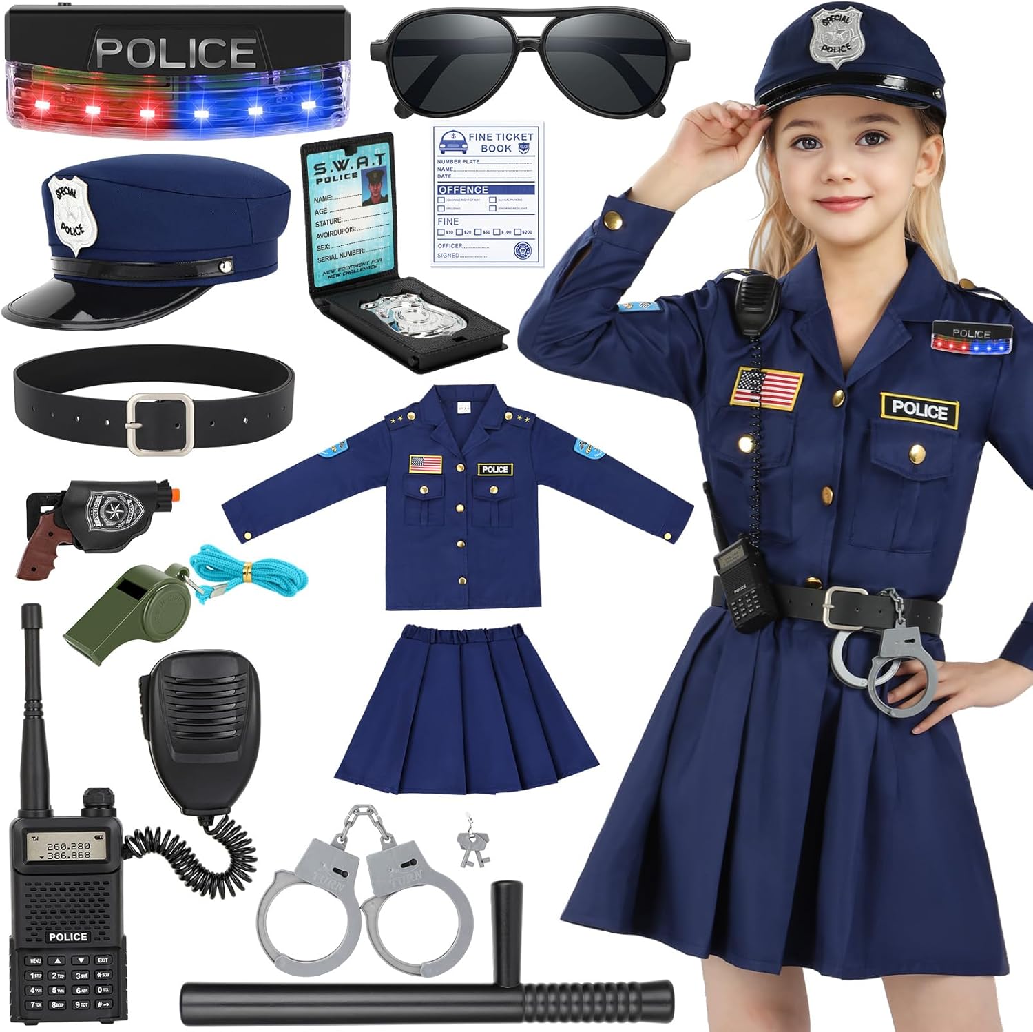 Luucio Police Officer Costume for Girls, Police Costume for Kids with Cop Gear Uniform, Halloween Costumes for Girls