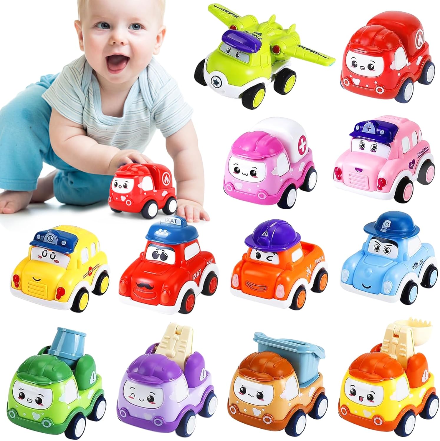 Aonuily Toddler Pull Back Toys Car, 12 Pcs Cute Cars Toys for Baby Kid Play Vehicles Party Bag Fillers Car Gift for 1 2 3 Year Old Boys Girls