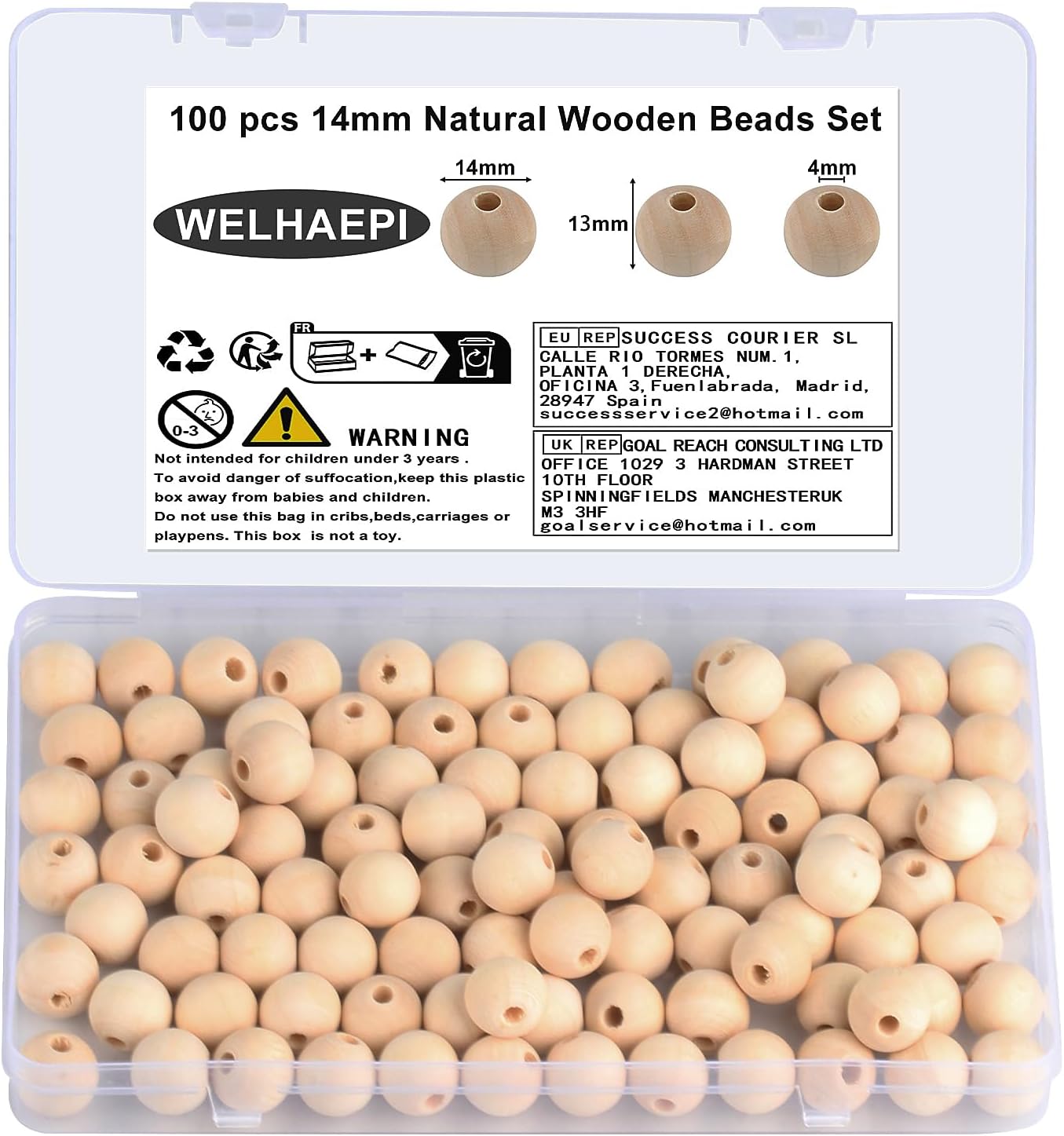 100 Pcs Wooden Beads Set, Natural Round Wood Beads with Storage Box for DIY, Jewelry Craft Making, Crafting, Handmade Decorations, Wooden Decorative Beads (14mm)